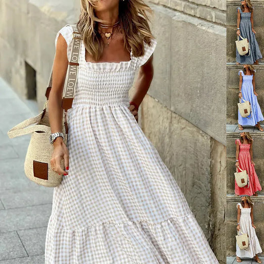 Summer Plaid Print Pleated Ruffle Dress INS Fashion Sleeveless A-line Swing Beach Dress Women's Clothing null