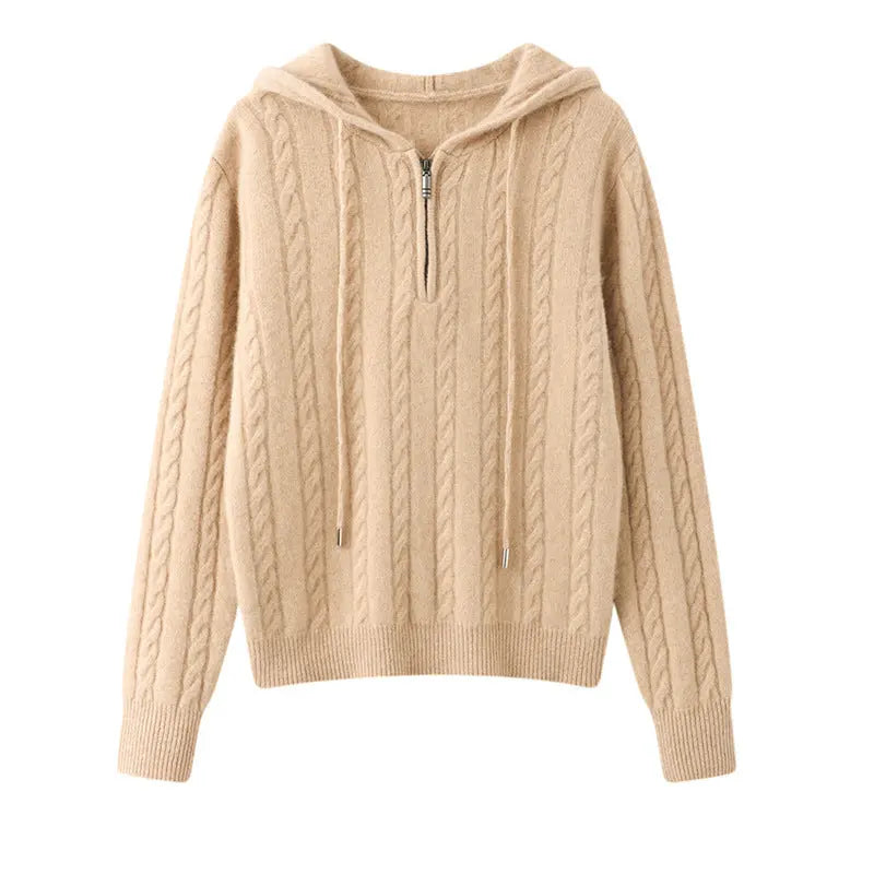 Cashmere Sweater Women's Hooded Twist Half-open Collar Sweater Nipaaj