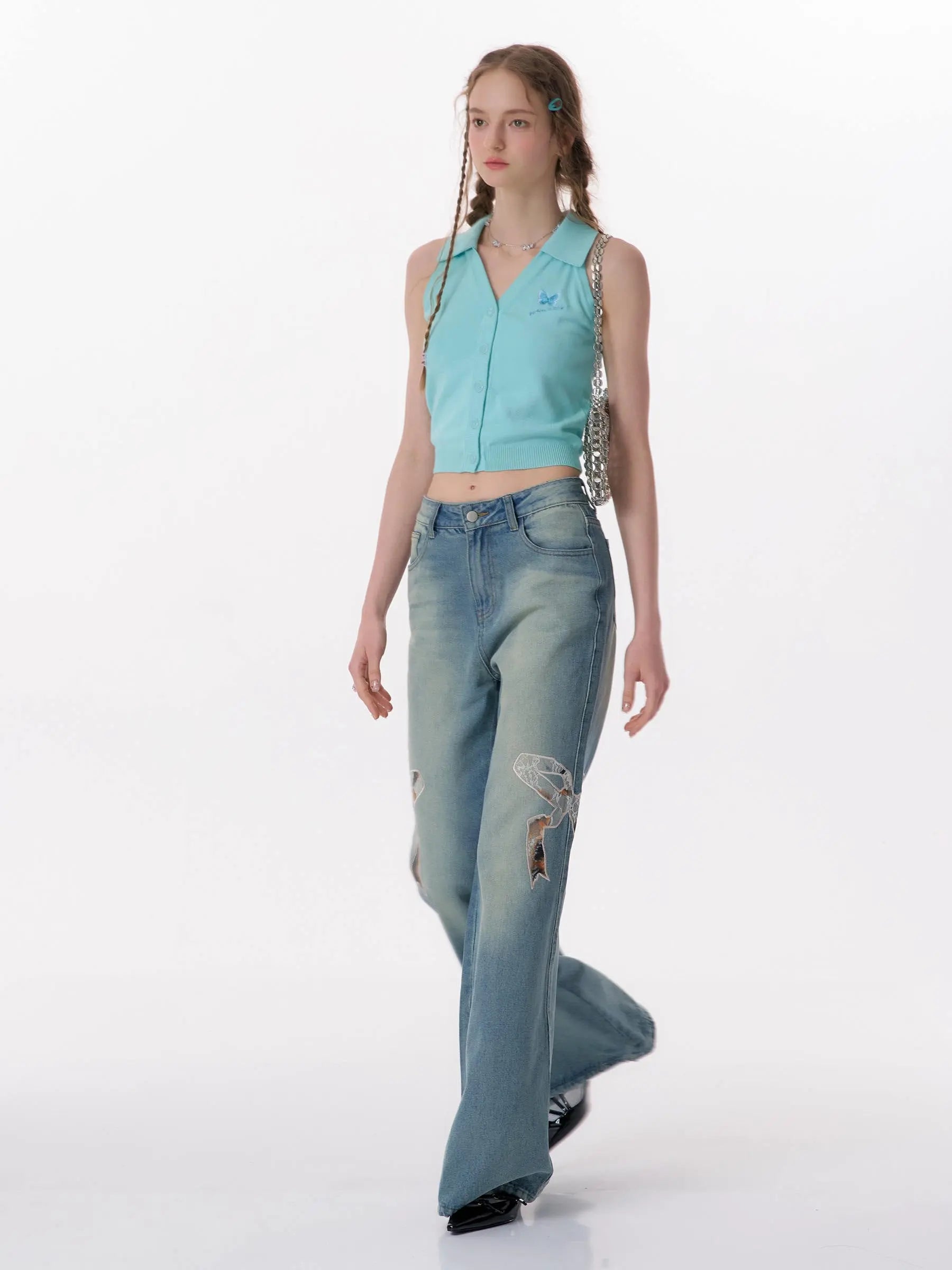 High Waist Bow Patch Wide Leg Straight Jeans Nipaaj