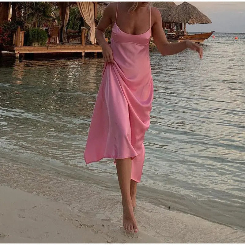 Women Camis Satin Long Dresses Elegant Sleeveless Slip Holiday Party Dresses Sexy Casual Backless Summer Dresses null