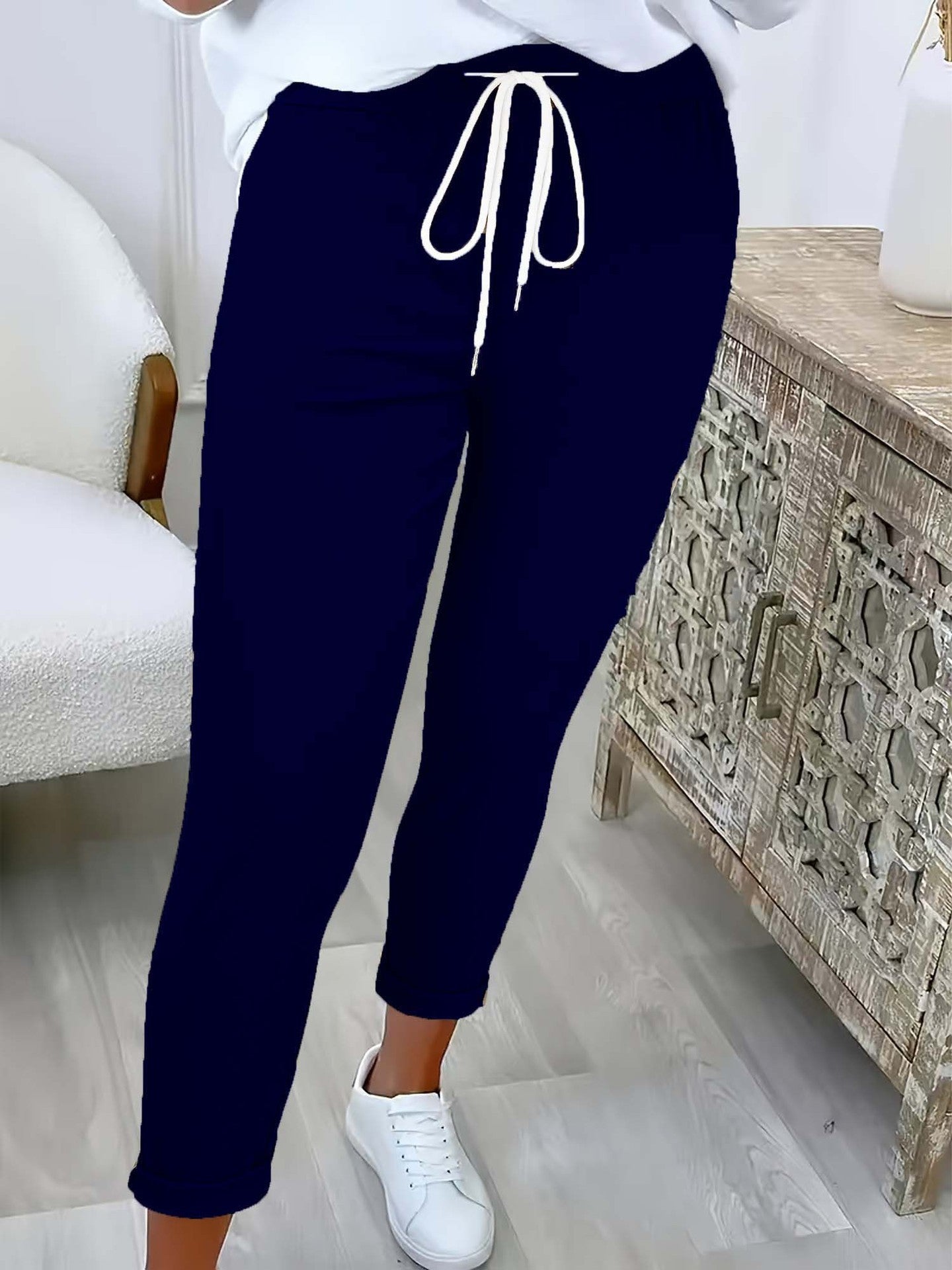 Women's Solid Color Versatile Casual Trousers With Belt And Slim Cuffs