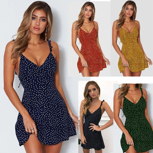 Polka-dot Strappy Dress Women Summer Fashion Beach Sundress null