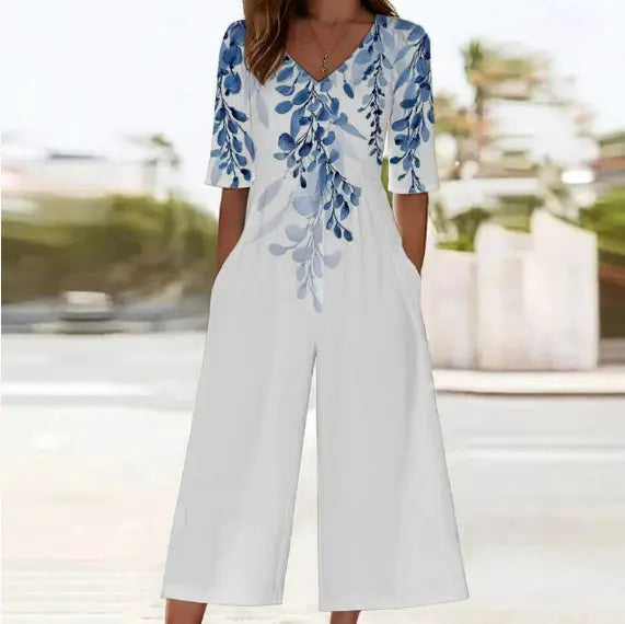 Spring And Summer Print Women's Pocket Collar Jumpsuit Nipaaj