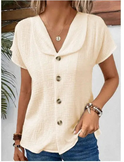 Summer Solid Color Fashion Short-sleeved Cardigan Button Women's Top Nipaaj