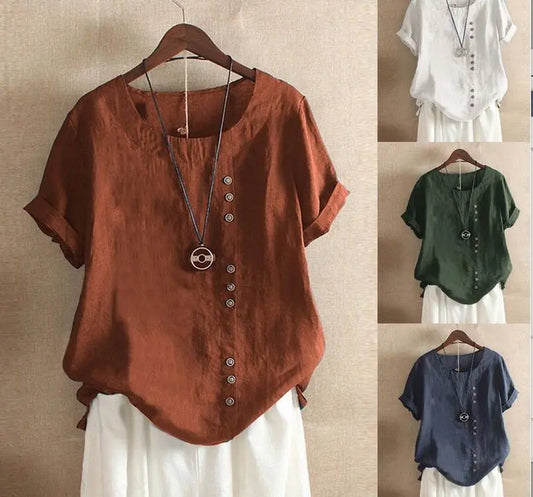 Retro Plus Size Casual Loose Cotton And Linen Short-sleeved Pullover T-shirt Nipaaj