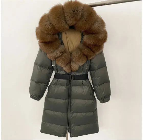 Women's Long Cinched Hoodie Real Fox Fur Collar Coat null