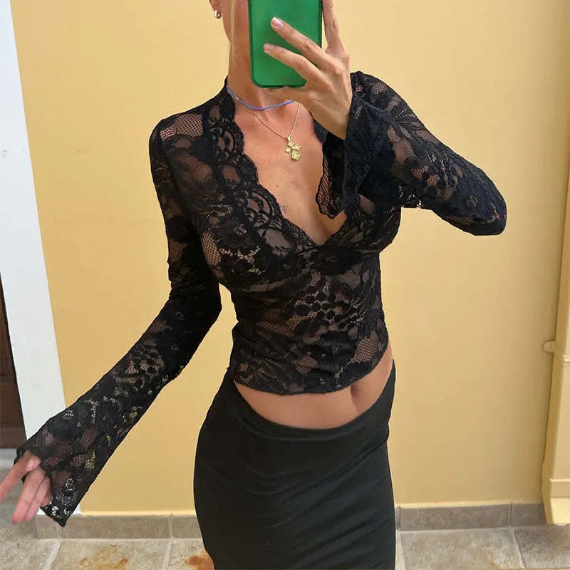 Flowers Lace Long Sleeve Top Y2K Fashion Slim Bottoming Shirt Top Women's Clothing Nipaaj