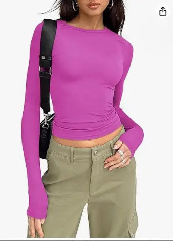 Women's Clothing Fashion Slim Long-sleeved Pullovers Tops Solid Causal Fit Shirts null