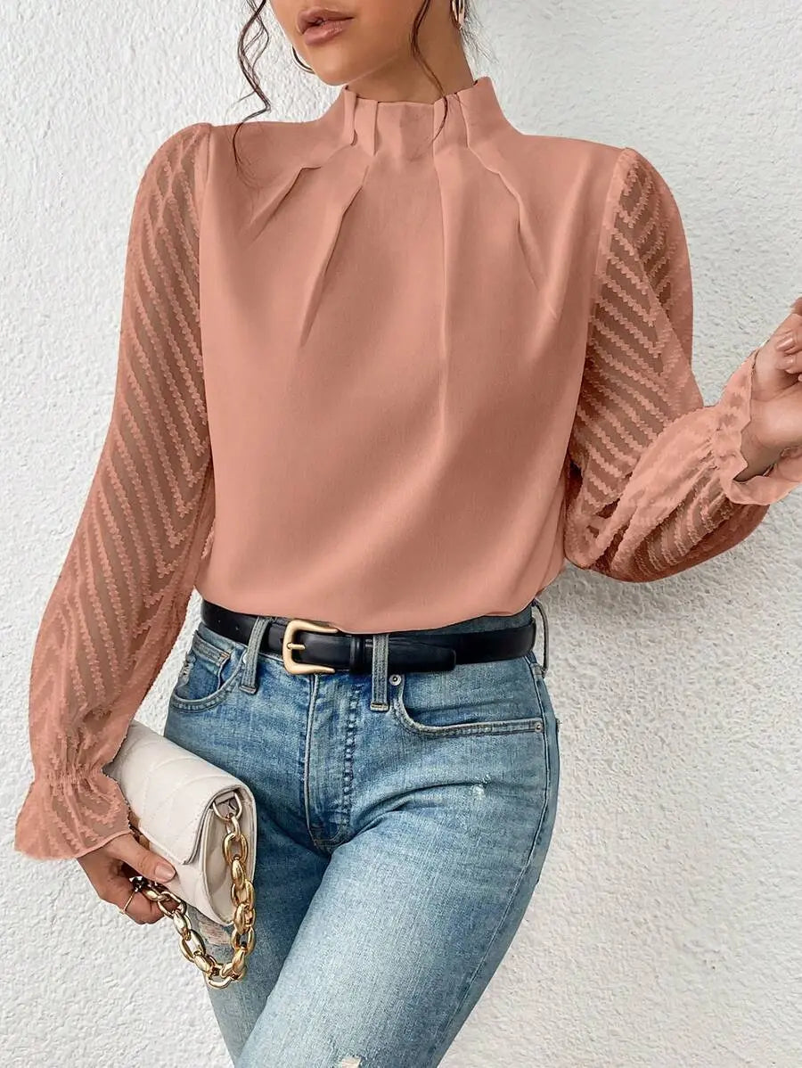 Women's Half-turtleneck Stitching Wavy Chiffon Long-sleeved Top Nipaaj