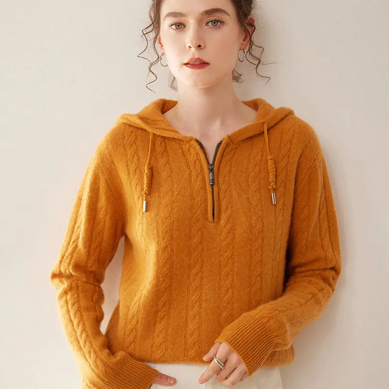 Cashmere Sweater Women's Hooded Twist Half-open Collar Sweater Nipaaj