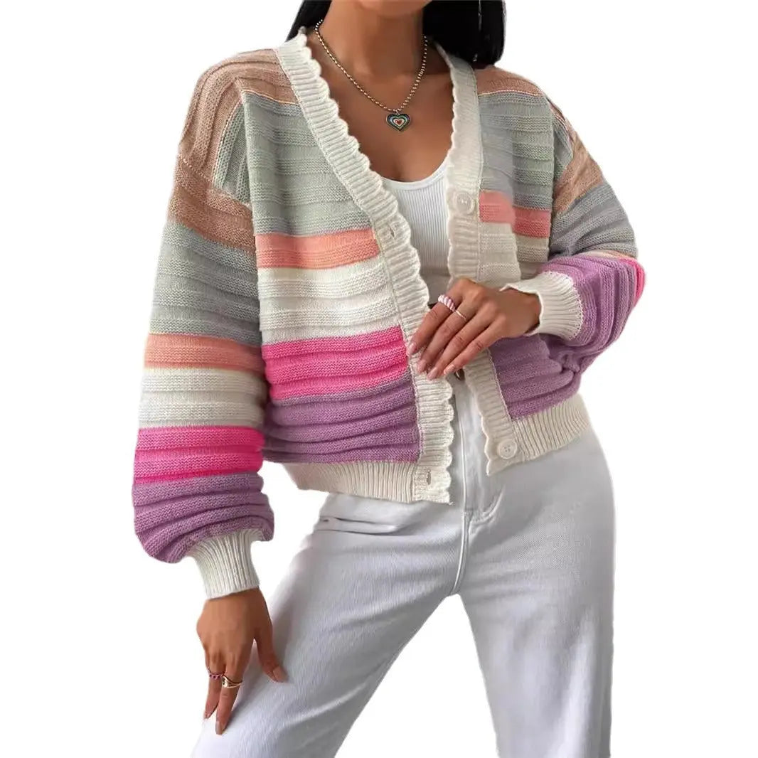 Knitted Cardigan Colorblock Sweater Coat Women's Rainbow Striped Lantern Sleeve Nipaaj