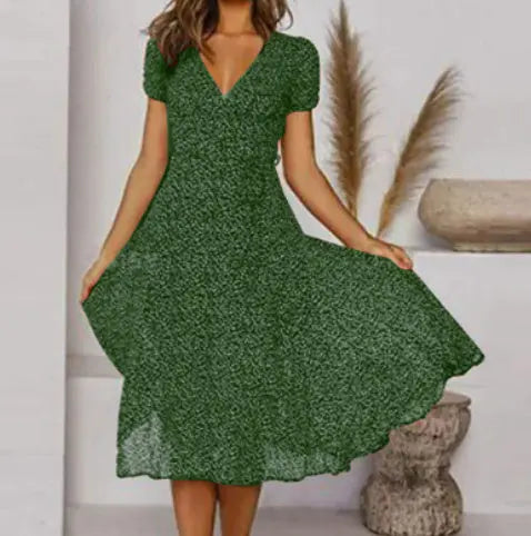 Printed V-Neck Short-Sleeved Lace-Up Dress null