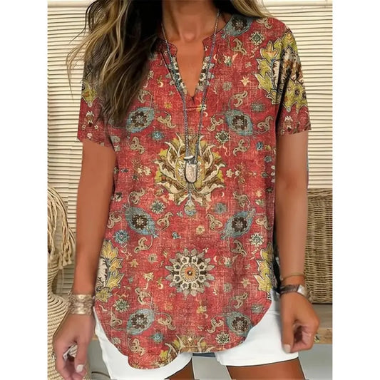3D Printed Women's Spring And Summer Loose V-neck Short Sleeve Top null