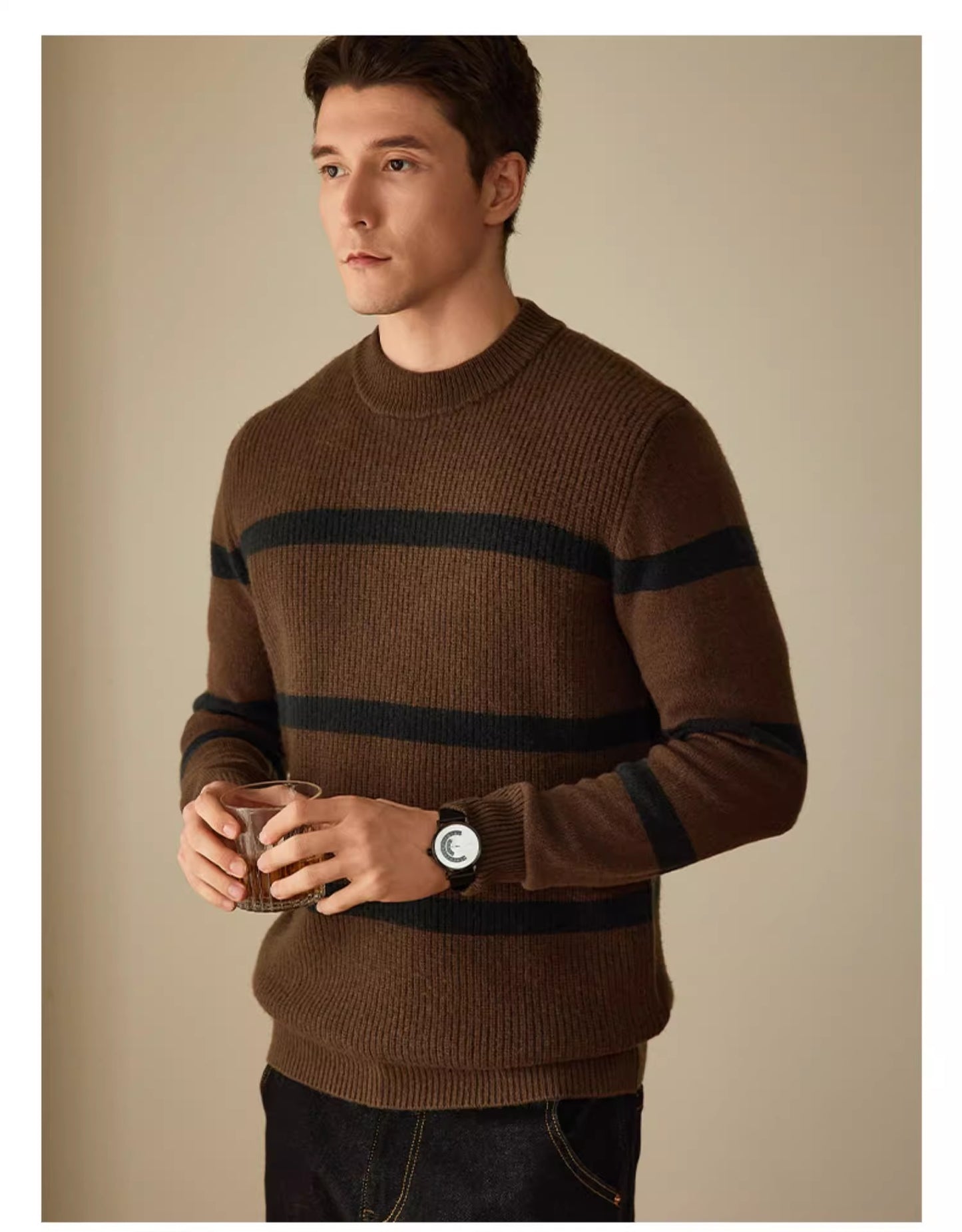 Pure Wool Men's Casual Striped Contrast Color Warm Sweater