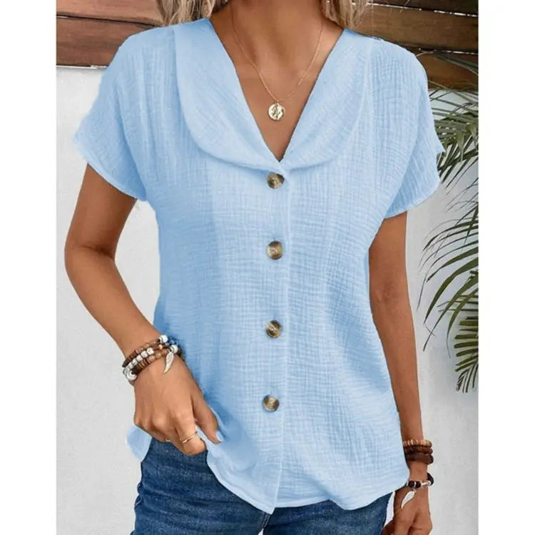 Summer Solid Color Fashion Short-sleeved Cardigan Button Women's Top Nipaaj