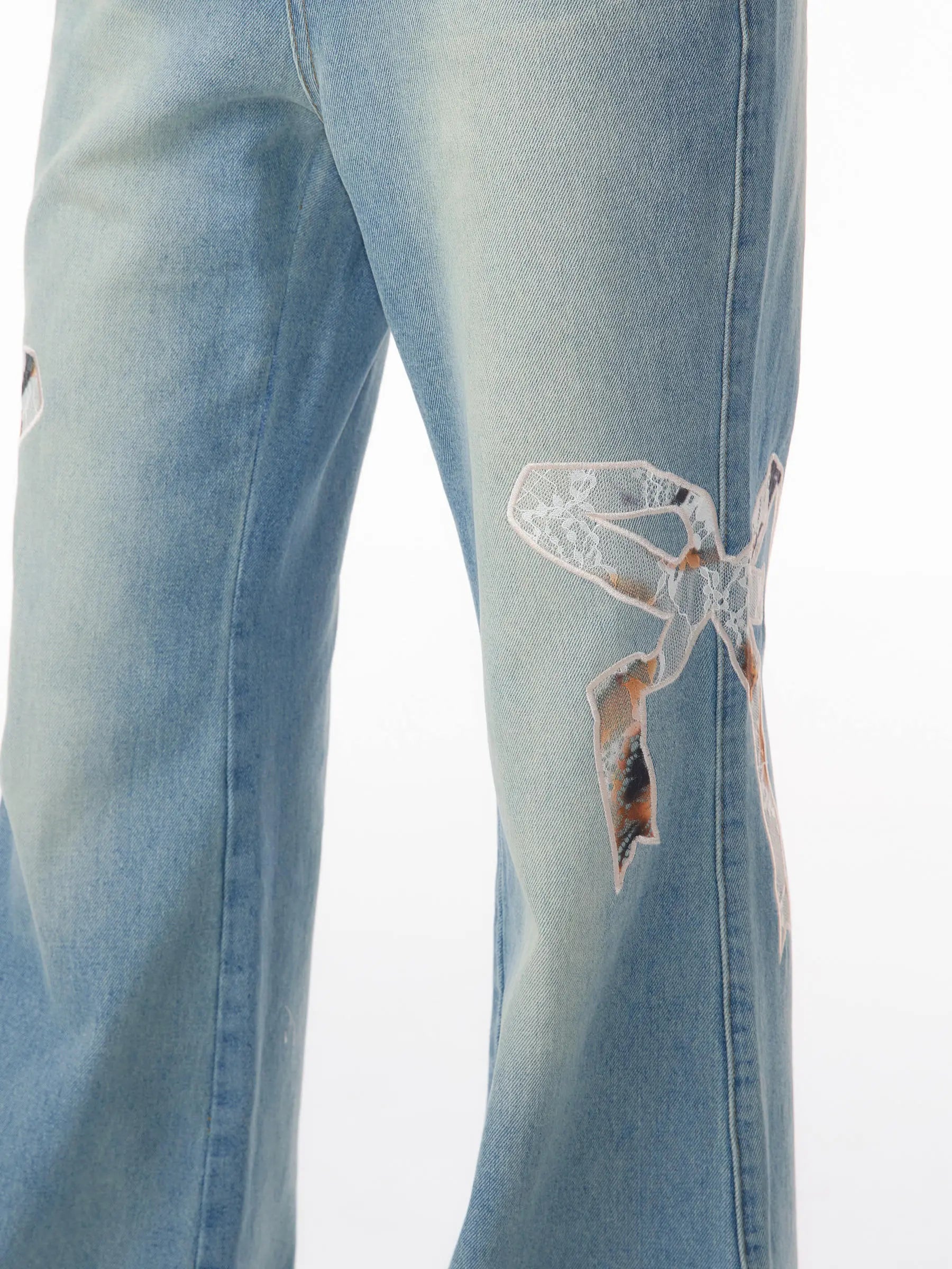 High Waist Bow Patch Wide Leg Straight Jeans Nipaaj