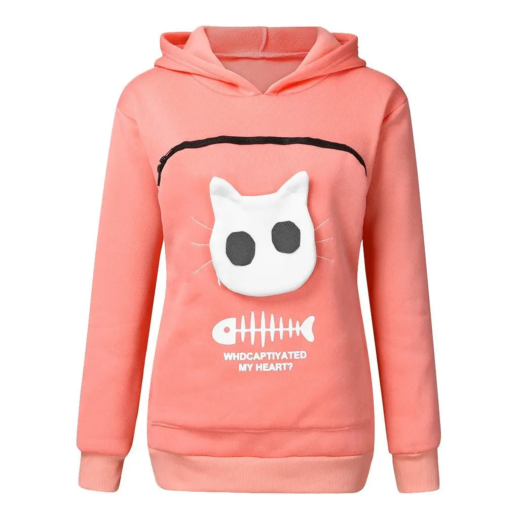 Women Hoodie Sweatshirt With Cat Pet Pocket Design Long Sleeve Sweater Cat Outfit Nipaaj