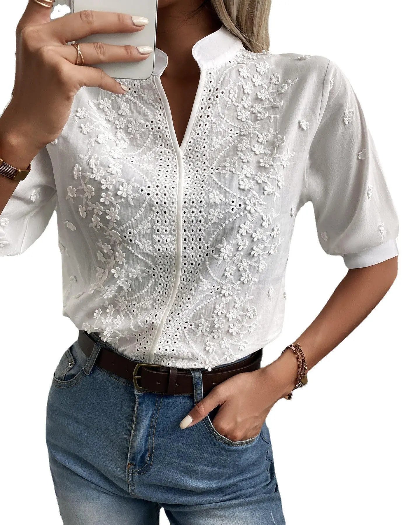 Women's Fashion V-neck Stand Collar Embroidery Lace Blouse Shirt Nipaaj