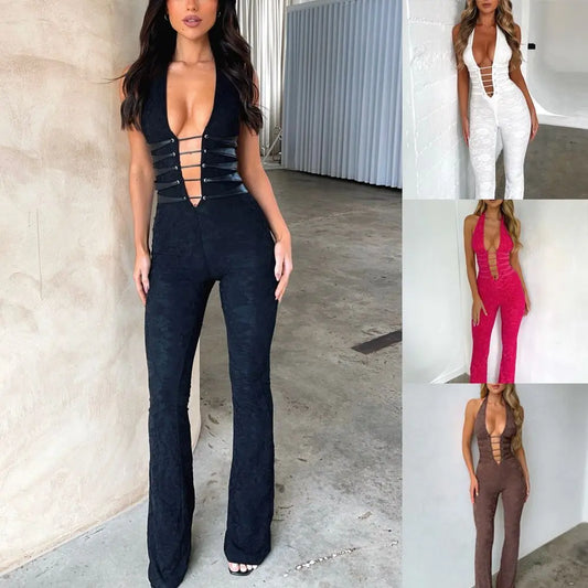 Lash Rope Lace Up Slim Fit Jumpsuit See-through Lace null