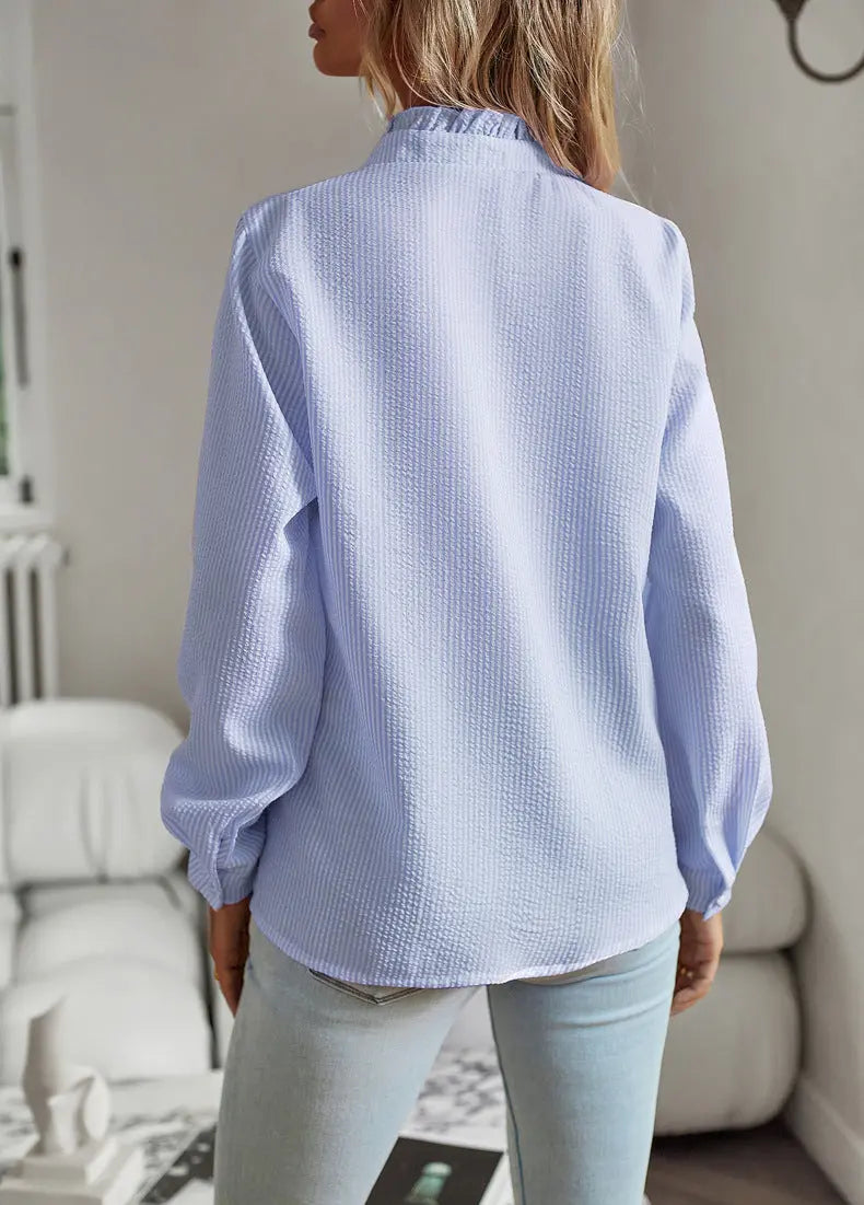 Striped Long Sleeve Shirt Fashion Ruffle Design Button Up Tops Casual Office Blouse Elegant Commuting Women's Clothing null