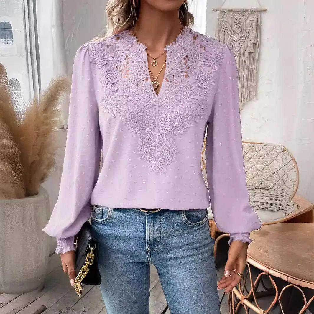 Lace Solid Color Long Sleeve Casual Women's Top Nipaaj