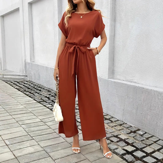 Women's Fashion Solid Color With Belt Round Neck Jumpsuit null