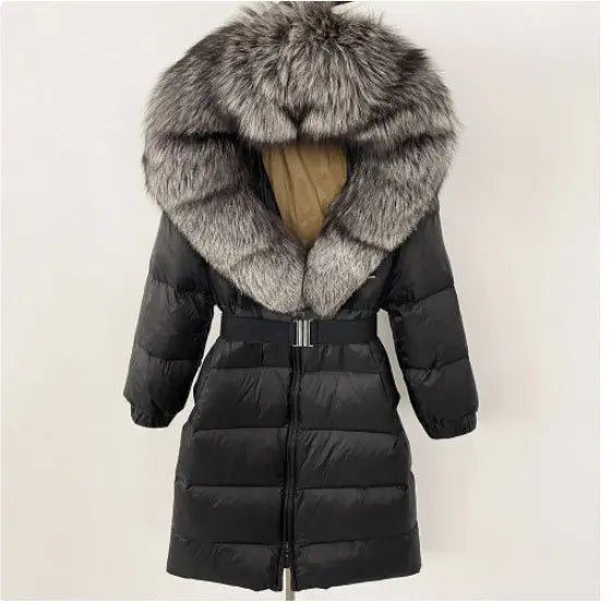 Women's Long Cinched Hoodie Real Fox Fur Collar Coat null