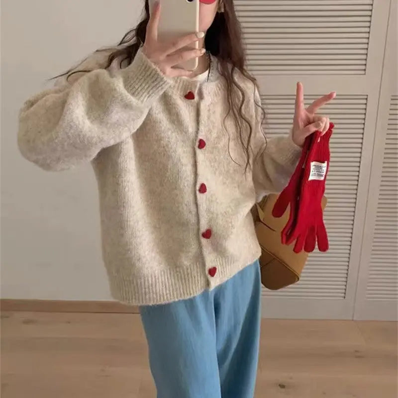 Round Neck All-matching Design Love Girl Buckle Knitted Cardigan Sweater Coat For Women Nipaaj