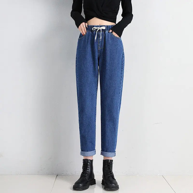 Korean Style Women's Straight Casual Elastic Waist Tied High Waist Student Jeans Nipaaj