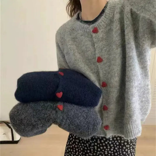 Round Neck All-matching Design Love Girl Buckle Knitted Cardigan Sweater Coat For Women Nipaaj