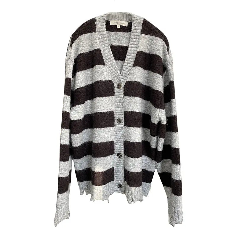 Mohair And Wool-blend Coffee Grey Striped Cardigan Sweater Nipaaj