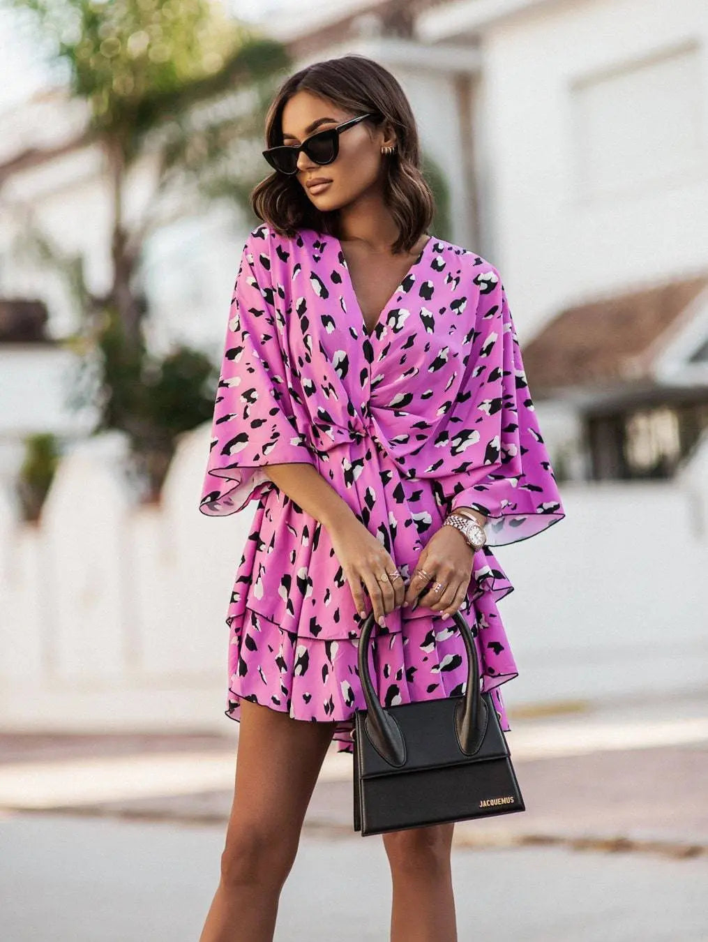 Fashion Print V-Neck Doll Sleeve Loose Cake Dress null