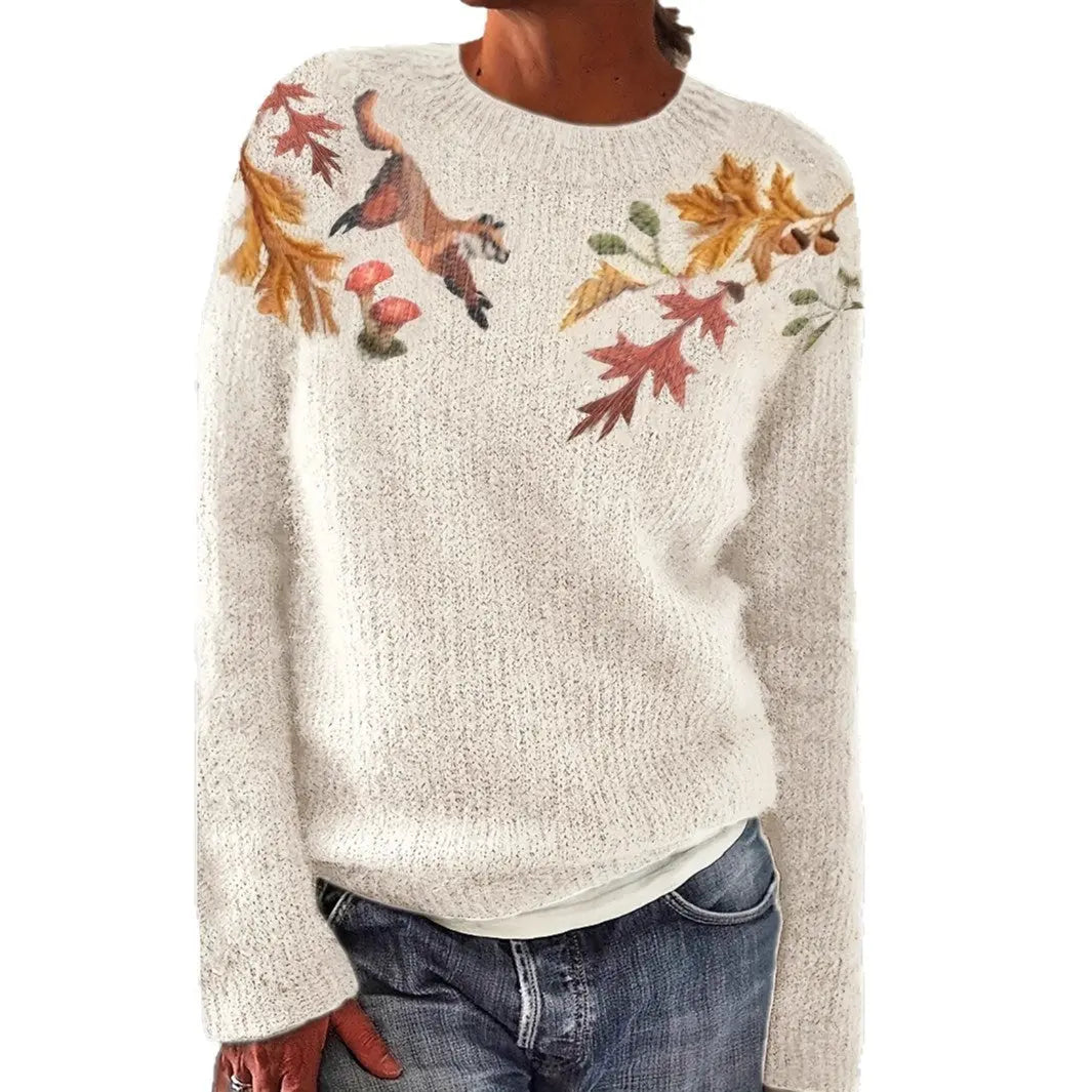 Round Neck Long Sleeve Casual Floral Print Leisure Vacation Sweater Nipaaj