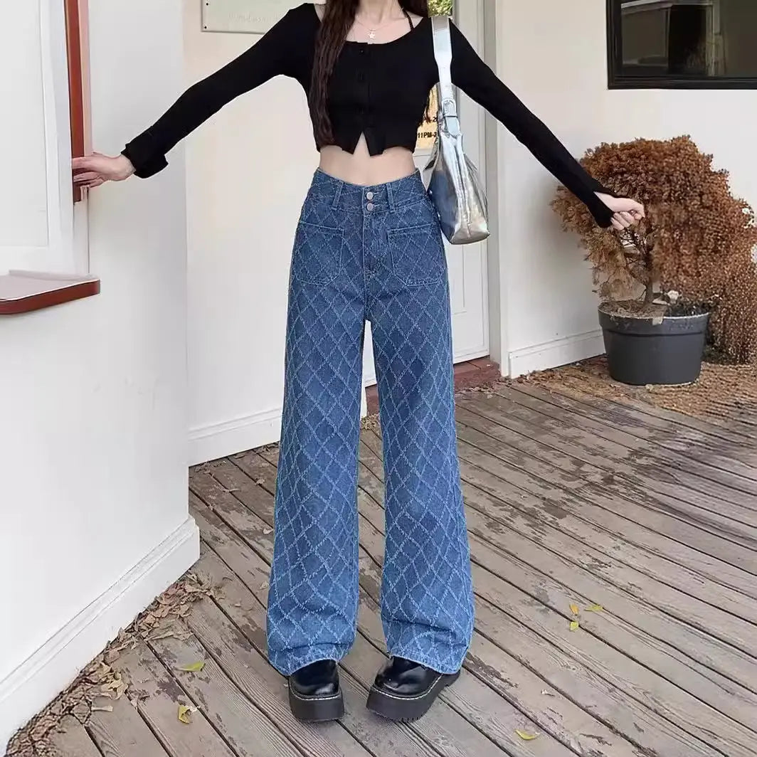 Summer Ladies New Loose Drooping Slimming Jacquard Design Straight-leg Denim Trousers Nipaaj