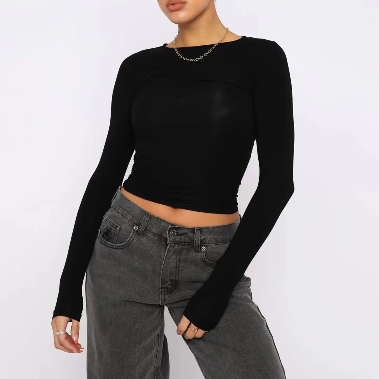 Women's Clothing Fashion Slim Long-sleeved Pullovers Tops Solid Causal Fit Shirts null