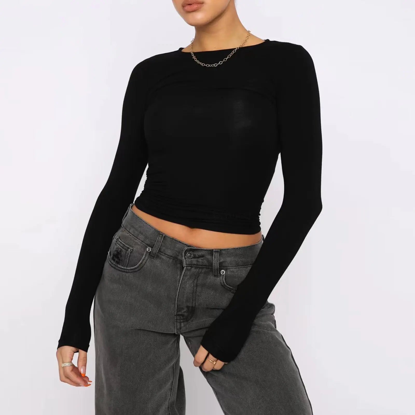 Women's Clothing Fashion Slim Long-sleeved Pullovers Tops Solid Causal Fit Shirts null