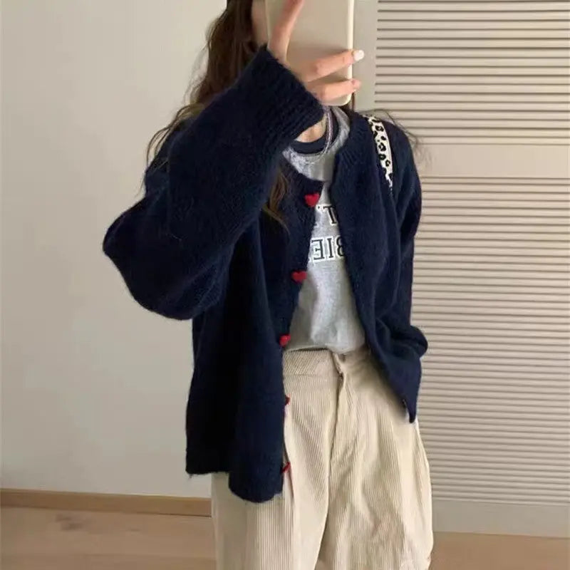 Round Neck All-matching Design Love Girl Buckle Knitted Cardigan Sweater Coat For Women Nipaaj