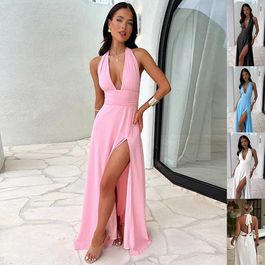 Sexy Halterneck V-neck Slit Dress Summer Backless Strappy Skirt Fashion Temperament Clothing Women null