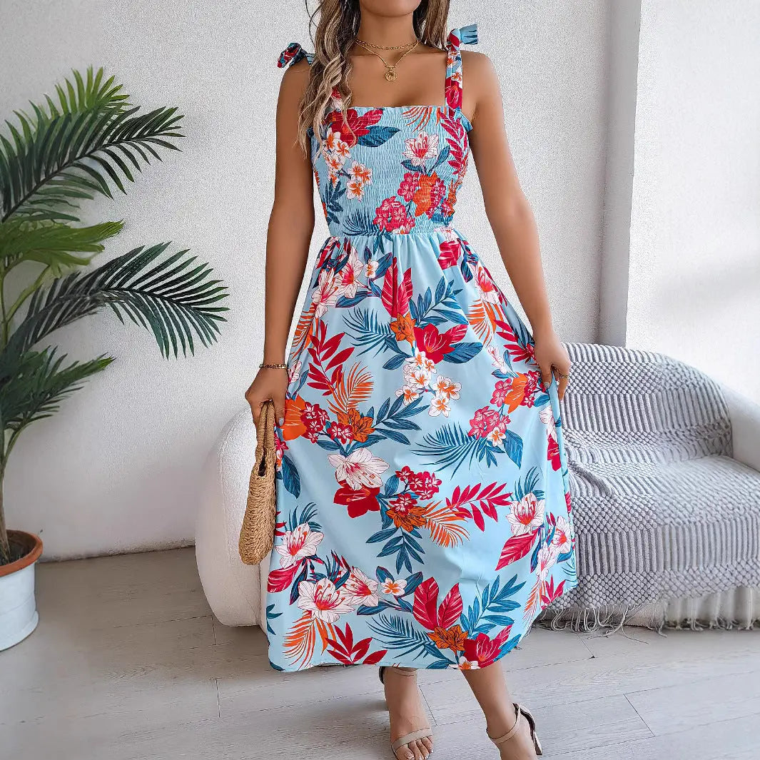 Flowers Print Suspender Corset Dress Ins Fashion Holiday Beach Long Dresses Summer Clothing For Women null