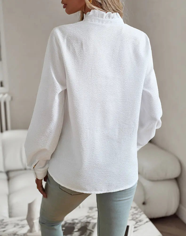 Striped Long Sleeve Shirt Fashion Ruffle Design Button Up Tops Casual Office Blouse Elegant Commuting Women's Clothing null
