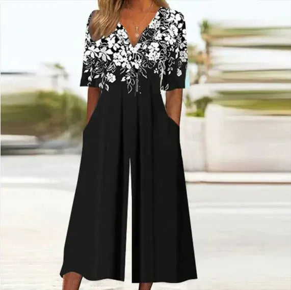 Spring And Summer Print Women's Pocket Collar Jumpsuit Nipaaj