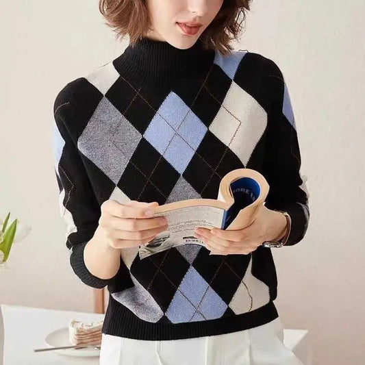 Vintage Diamond Lattice Pure Cashmere High Lapel Inlay Knitted Sweater Nipaaj