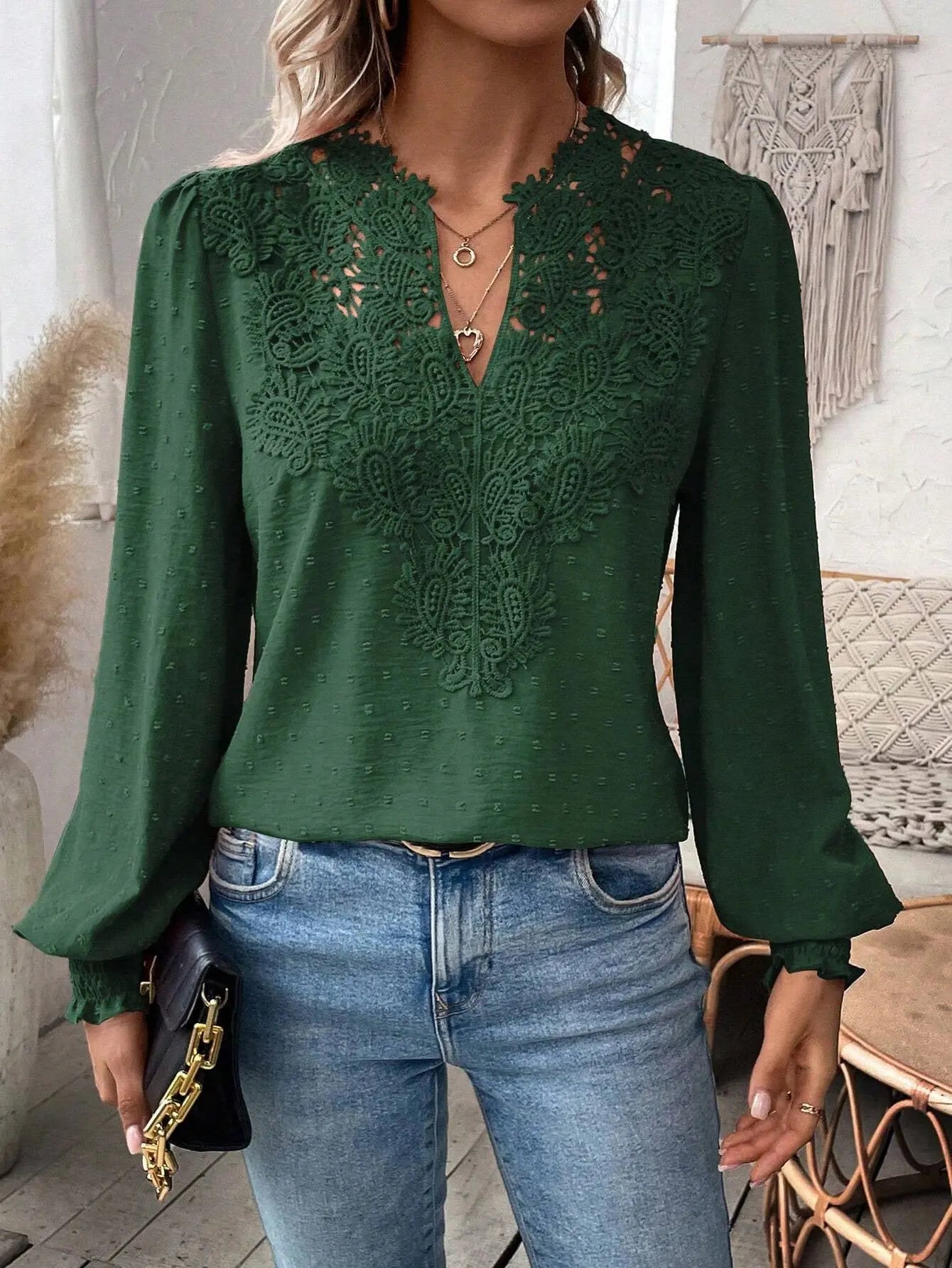 Lace Solid Color Long Sleeve Casual Women's Top Nipaaj