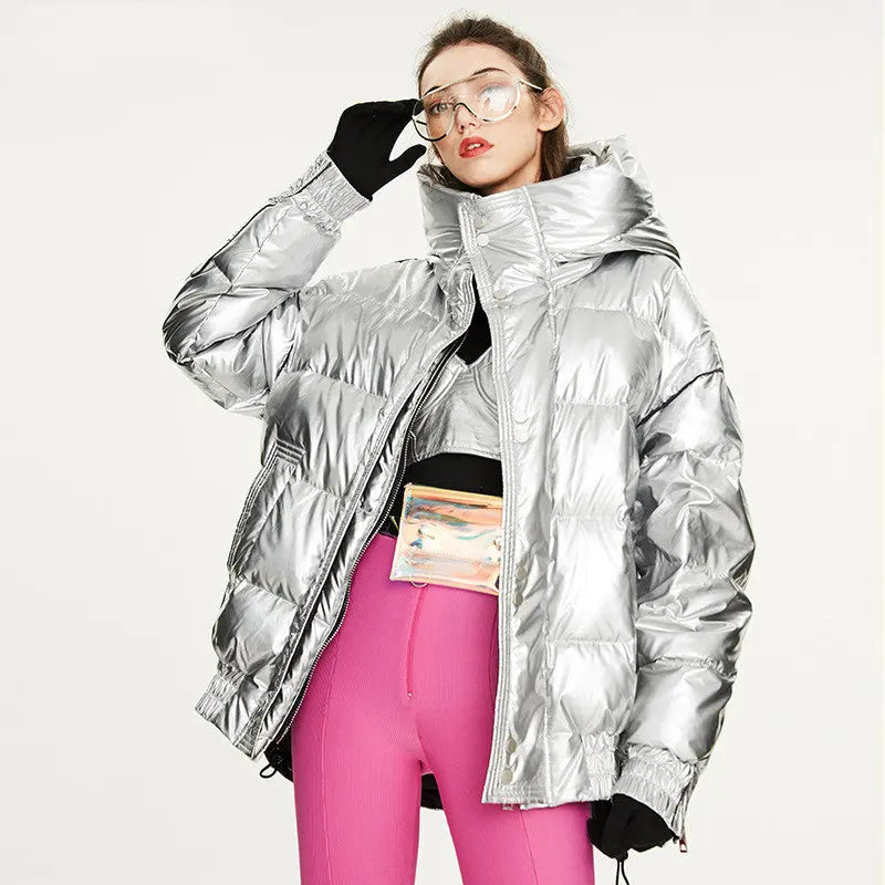 Couples Laser Glossy Thickened Loose Mid Length Down Jacket null