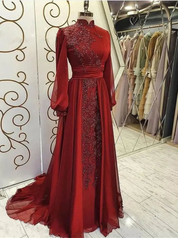 Stand Collar Luxury Long Sleeve Evening Dress Nipaaj