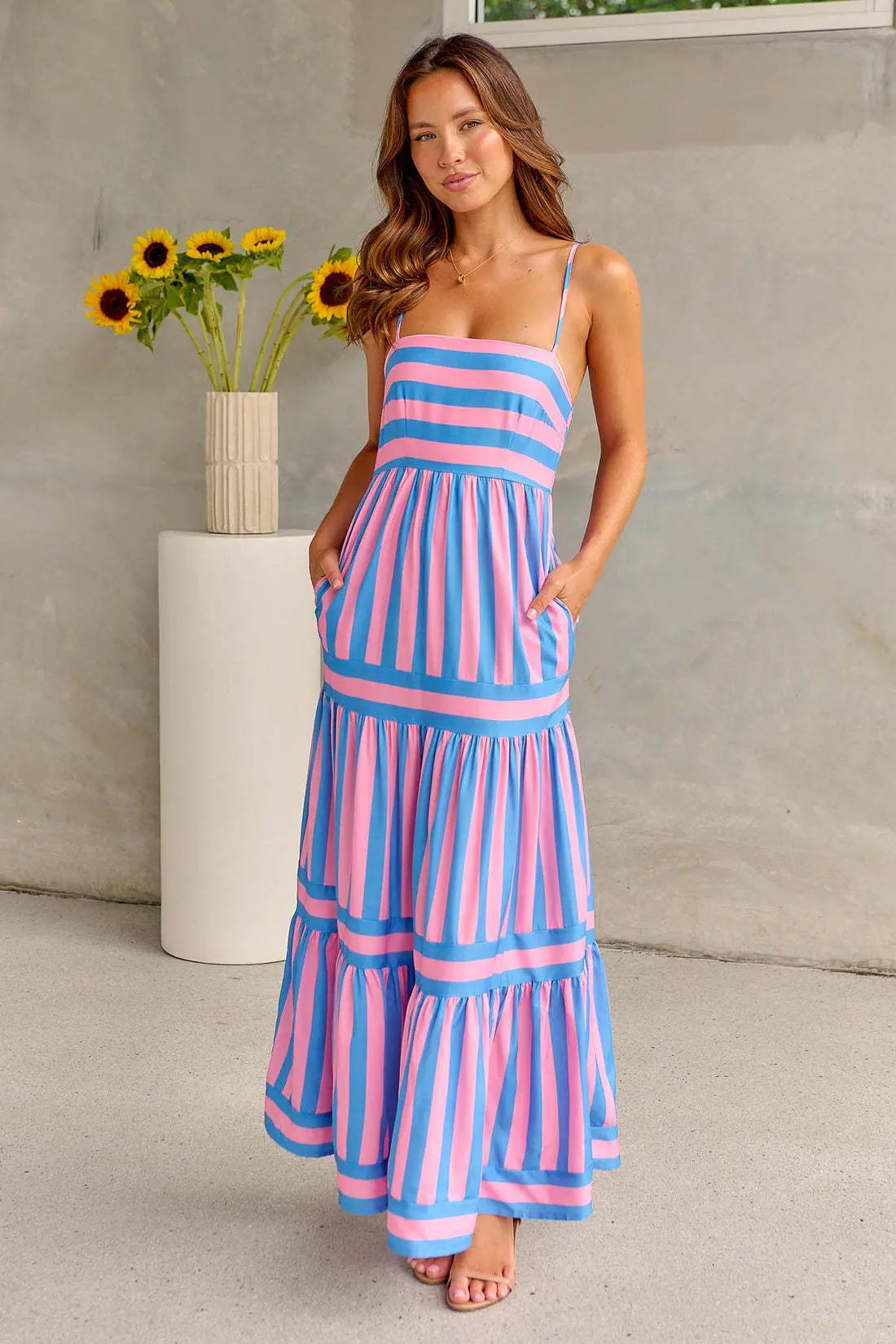 Summer Striped Printed Suspender Long Dress With Pockets Fashion Square Neck Backless Dresses For Beach Vacation Women Clothing null