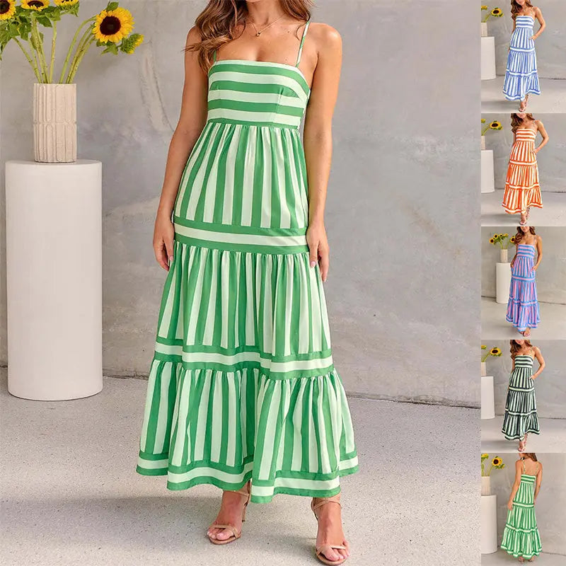 Summer Striped Printed Suspender Long Dress With Pockets Fashion Square Neck Backless Dresses For Beach Vacation Women Clothing null