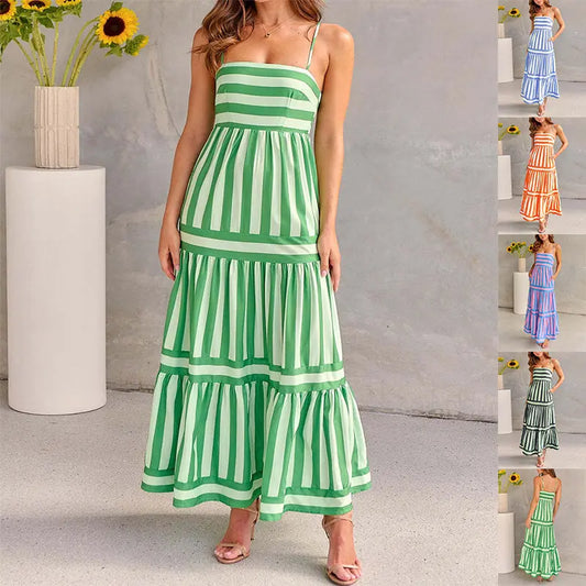 Summer Striped Printed Suspender Long Dress With Pockets Fashion Square Neck Backless Dresses For Beach Vacation Women Clothing null