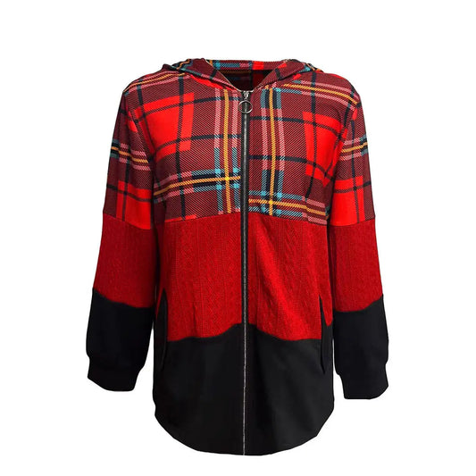 Fashion Loose Patchwork Assorted Colors Plaid Hooded Zipper Jacket Nipaaj