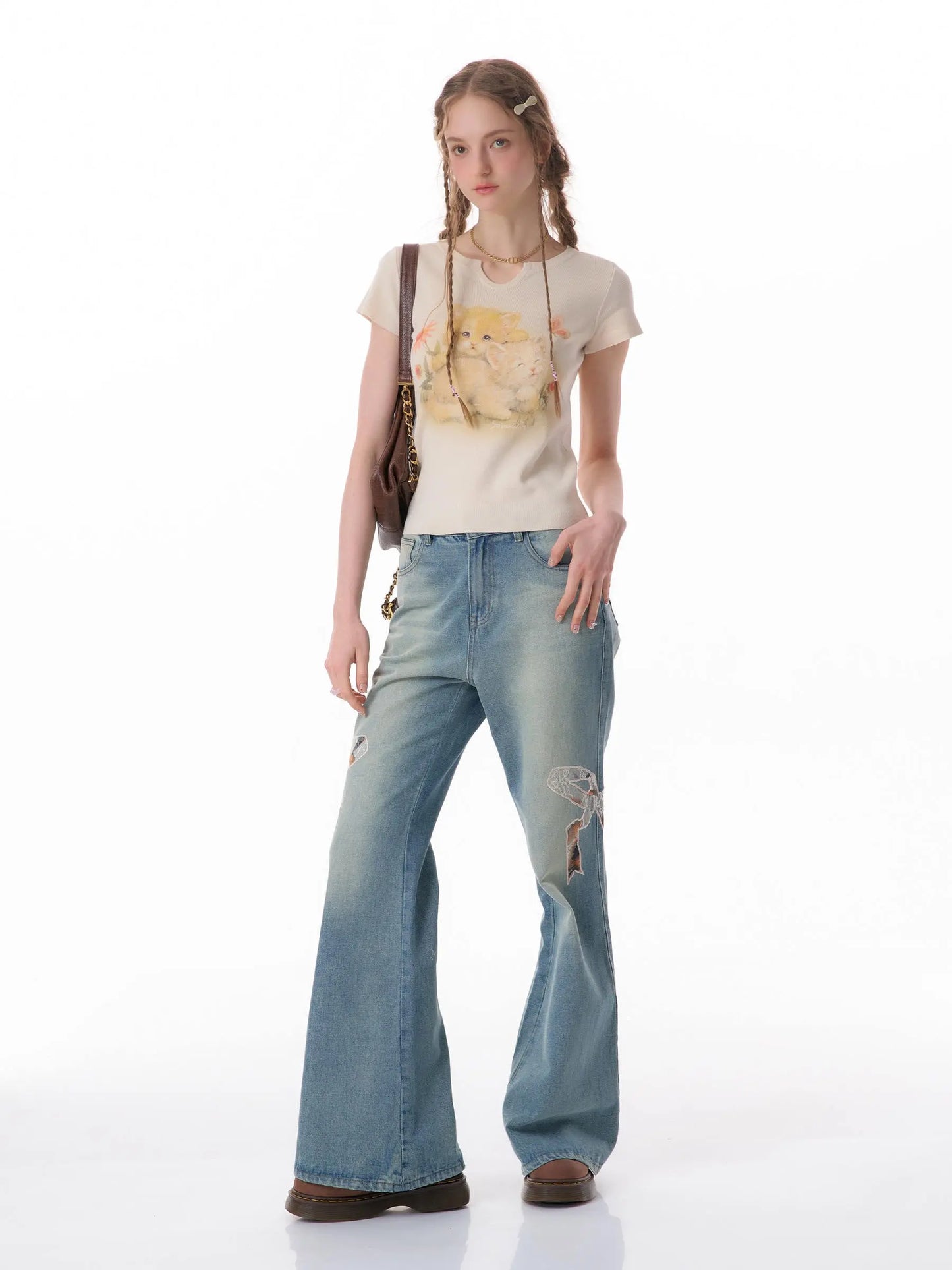 High Waist Bow Patch Wide Leg Straight Jeans Nipaaj